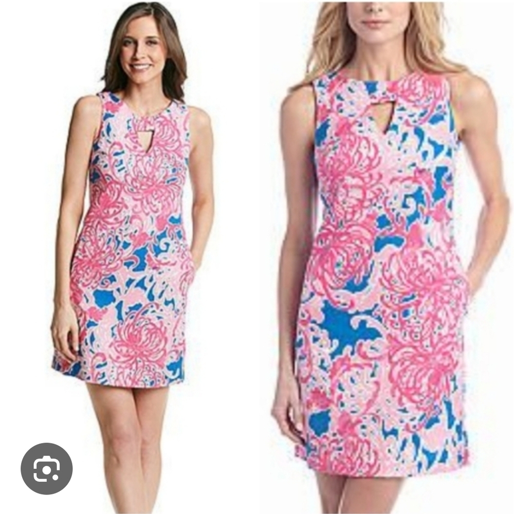 Taylor Pink and Blue Floral Mini Shift Keyhole Dress